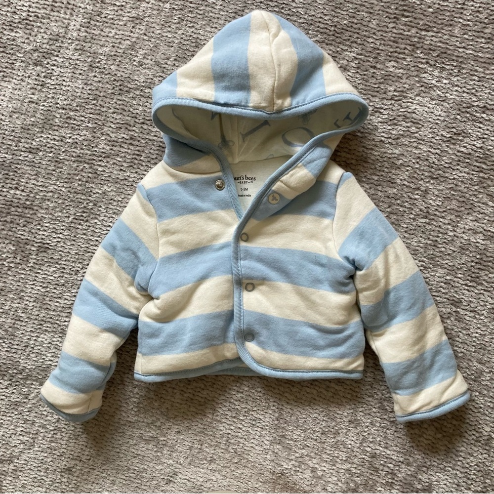 Burt’s Bees‎ Baby Hooded Jacket 0-3M Blue White Striped Organic Cotton Puffer